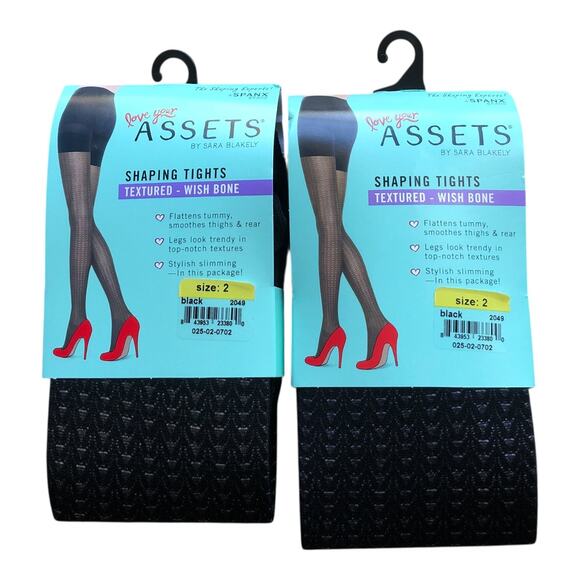 2 Prs Spanx Assets Sara Blakely Textured Wish Bone Shaping Tights Black Size 2 - Picture 4 of 16